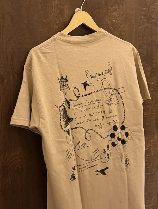 A beige t-shirt hangs on a wooden hanger, featuring hand-drawn illustrations and mathematical equations including 'New York City' and 'Overview of Light Model'.