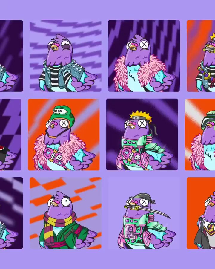 The image features a collection of nine different cartoon characters wearing various outfits and accessories. The characters are arranged in a grid-like pattern with three rows and three columns. Each character has its own unique style and pose, making for an interesting and diverse collection. The colors used in the images range from purple to orange, creating a visually appealing and vibrant display of these cartoon characters.