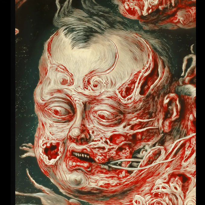 A surreal, swirling digital illustration rendered in red, white, and dark green tones, depicting a distorted, grotesque humanoid face with chaotic flowing features and what appears to be a cigarette in its mouth.