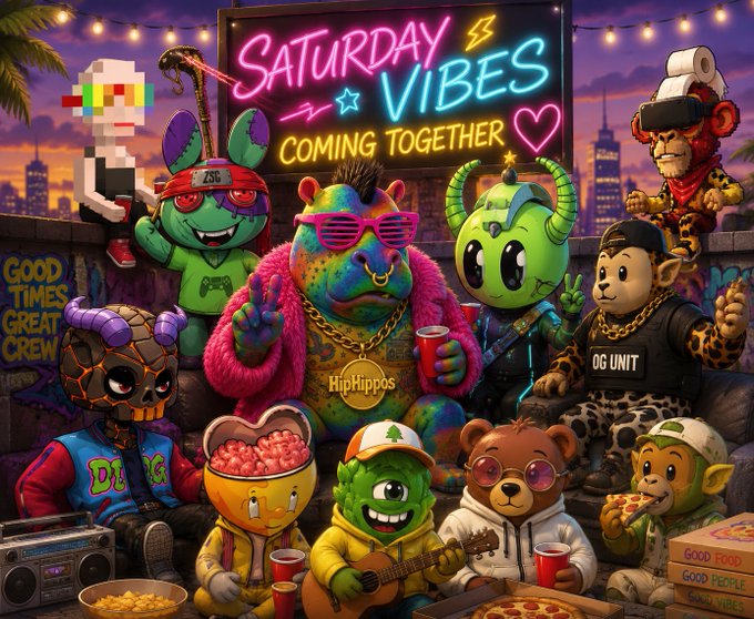 A vibrant group of colorful cartoon characters—including a hippo in pink shades labeled "HipHippos," a green skull-headed figure in a "DLAGS" jersey, and a bear in a "OG UNIT" shirt—gather together with red cups, pizza, and snacks beneath a neon sign reading "SATURDAY VIBES COMING TOGETHER," perfectly capturing the post's theme of enjoying Saturdays with friends, family, and a community of NFT brands.