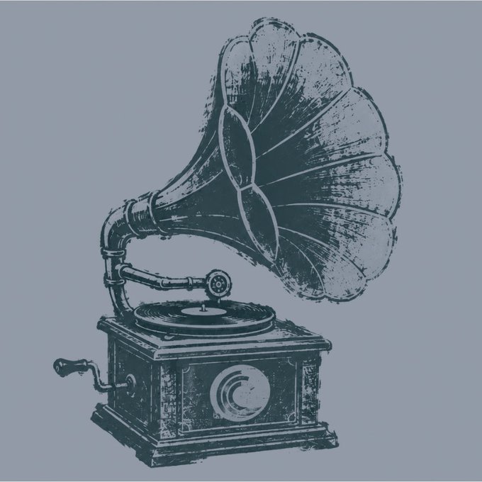 A vintage-style illustration of an antique gramophone with a large fluted horn on a square base, featuring a hand crank and a central circular emblem.