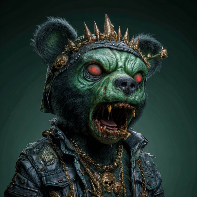A 3D rendering of a zombie-like bear with green decaying skin, red glowing eyes, and sharp teeth, wearing a spiked crown and a leather jacket with gold chains.