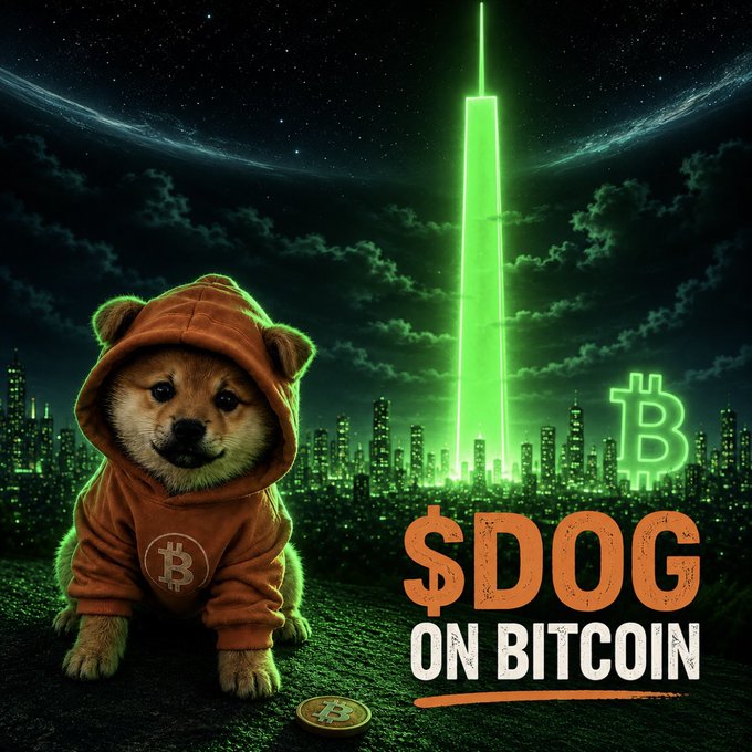 AI-generated digital artwork featuring a Shiba Inu dog wearing an orange Bitcoin-themed hoodie against a green-lit futuristic city skyline with a Bitcoin tower, titled '$DOG ON BITCOIN.'