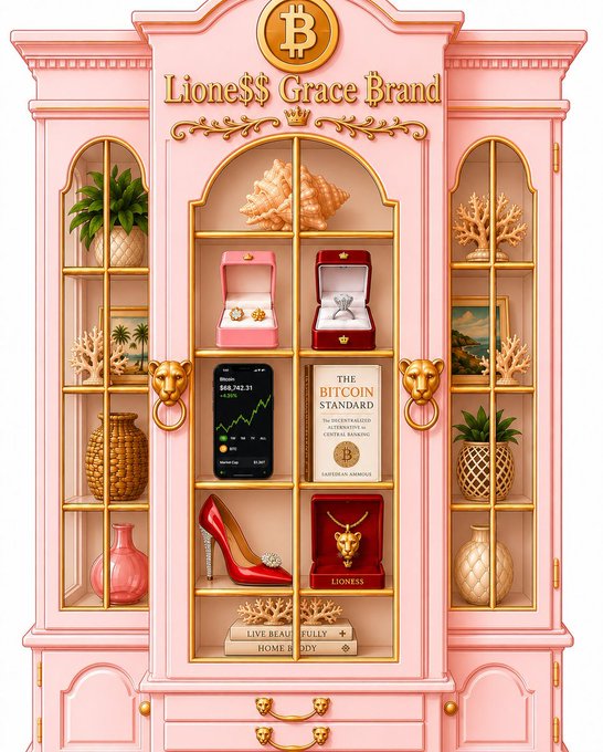 A pink ornate display cabinet branded "Lioness Grace Brand" with a Bitcoin logo showcases luxurious items like red heels, jewelry, a "BITCOIN STANDARD" book, and a smartphone displaying "$68,742.31." The image ties to the post's playful crypto-themed teaser, hinting that a contract address (CA) is the "missing" piece for viewers to uncover.