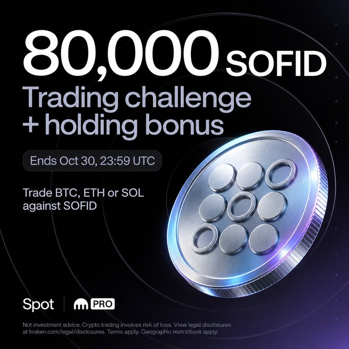 Kraken cryptocurrency exchange advertisement for an '80,000 SOFID Trading challenge + holding bonus' ending Oct 30, 23:59 UTC, featuring a large silver coin graphic.