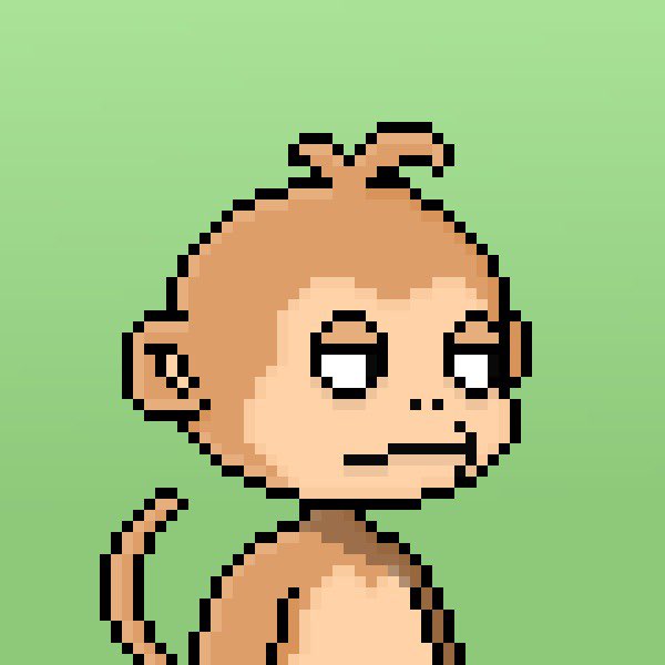 A pixel art illustration of a smiling monkey character against a green background.