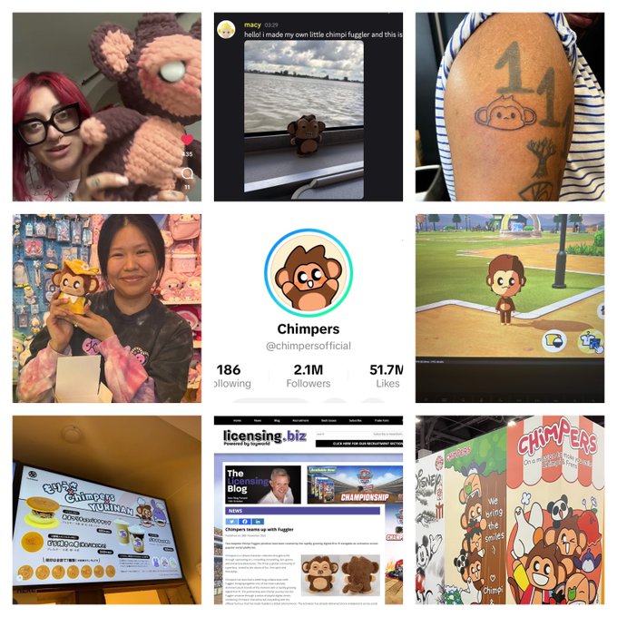 A collage promoting the 'Chimpers' (@chimpersofficial) brand showing 186 following, 2.1M followers, 51.7N likes, with images of plush toys, a tattoo, merchandise, and social media posts.