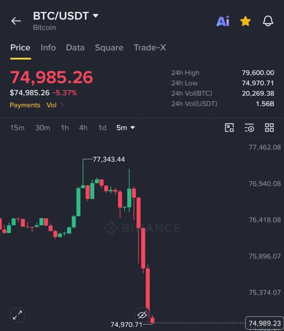 A Binance trading chart shows BTC/USDT at $74,985.26 with a -5.37% drop and a 24h high of 79,600.00.