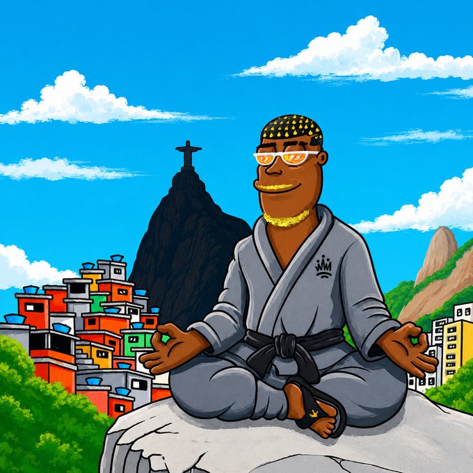 A cartoon illustration of a meditating man in a gray gi and white sunglasses, sitting cross-legged with Rio de Janeiro's Christ the Redeemer and favela in the background.