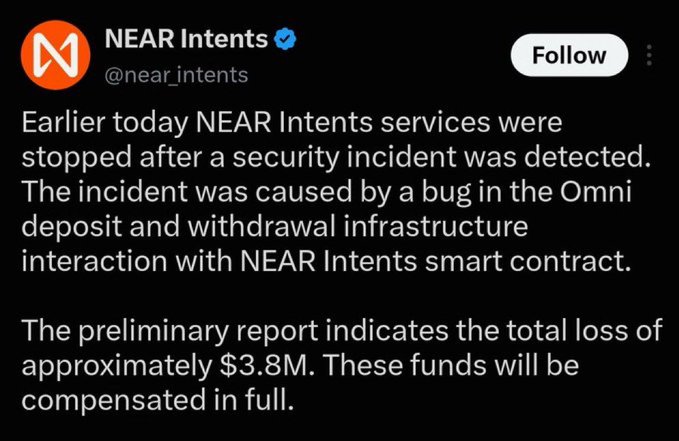A tweet from verified account @near_intents stating that NEAR Intents services were stopped due to a security incident caused by a bug in the Omni deposit/withdrawal system, with approximately $3.8M lost but fully compensated.