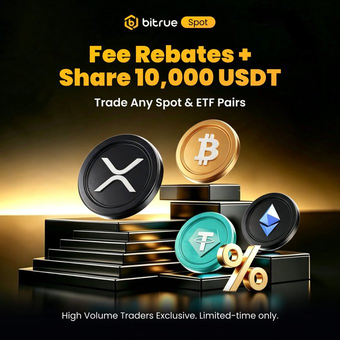 A promotional graphic for Bitrue Spot featuring a 3D display of stacked coins representing BTC, ETH, XRP, and Tether, with text advertising "Fee Rebates + Share 10,000 USDT" for trading spot and ETF pairs, specifically targeting high-volume traders. The image visually reinforces the accompanying post's message about market rotations and fee rebates for trading major cryptocurrencies like Bitcoin and Ethereum.