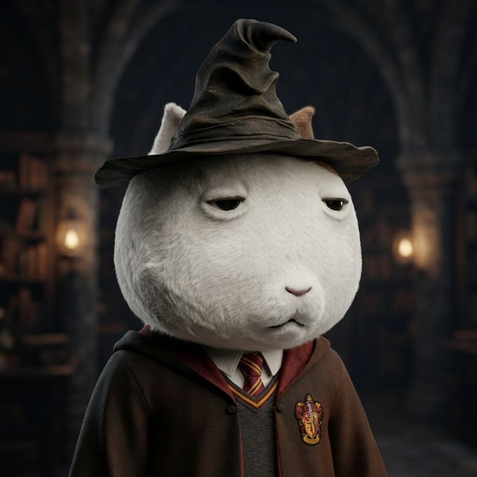 A white cat wearing a tattered brown Hogwarts Sorting Hat appears unimpressed, dressed in a Gryffindor robe complete with the house crest and a striped tie, set against a dim library backdrop — evoking the magical "bih shabang" hype around $KET.