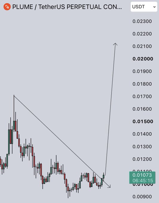 A PLUME/USDT perpetual futures chart shows a breakout above a descending trendline with an arrow pointing upward toward $0.02000, while the current price sits at $0.01073, visually highlighting the breakout setup mentioned in the post.