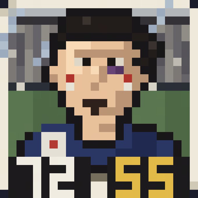 The image is a pixel art portrait of a bearded man wearing a black cap, with a purple "bruised" eye and red marks on his cheeks, styled in a retro video game aesthetic. He wears a shirt displaying "TP" and "55" alongside what appears to be a white logo with a red square, suggesting a digital avatar or collectible character tied to crypto/token community lore promoted in the accompanying post about legends and transactions on t.me/unisoccs.