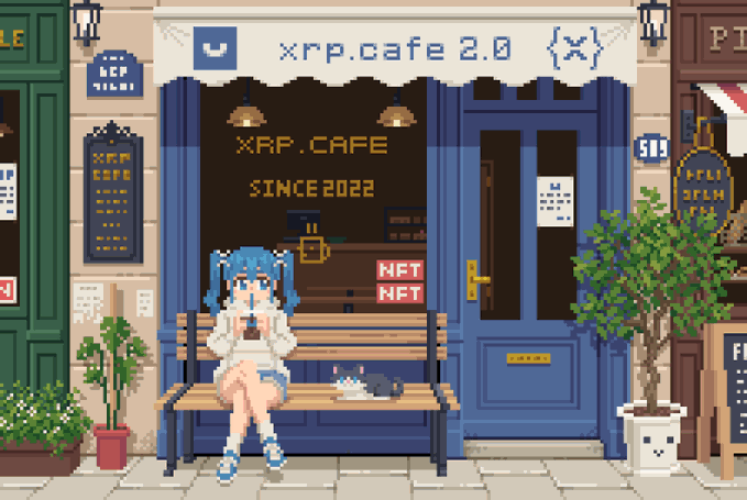 Pixel art scene of a blue-haired anime girl drinking from a cup while sitting on a bench in front of an "xrp.cafe 2.0" storefront with a cat nearby.