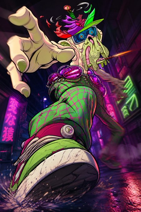 Vibrant anime illustration of a green-skinned character with a feathered hat, beaded necklace, and green plaid pants, dramatically reaching forward through a neon-lit street.