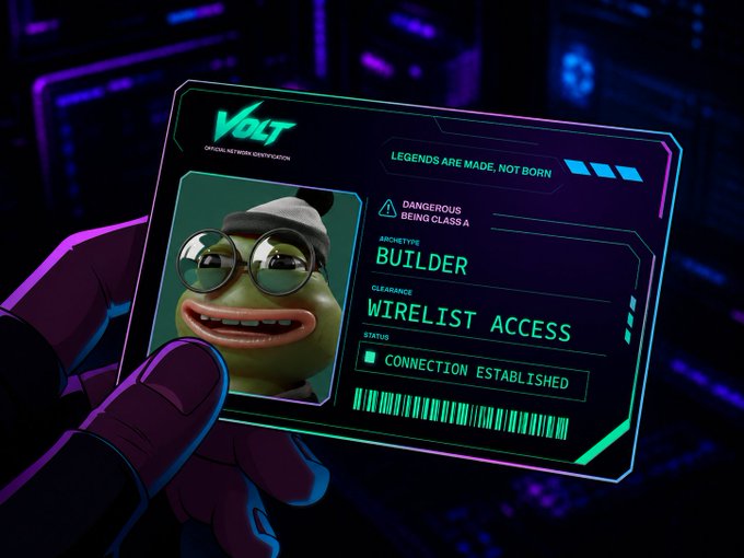 A hand holds a futuristic neon “VOLT” access card labeled “WIRELIST ACCESS,” showing “CONNECTION ESTABLISHED” and “LEGENDS ARE MADE, NOT BORN.” It visualizes the post’s claim of being wirelisted by @PoweredByVolt.