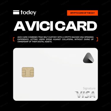 The image showcases "AVICI CARD" as the Crypto Card of the Day from Todey, featuring a Visa Signature credit card design alongside the Todey logo and a description explaining how the card allows users to spend against their crypto holdings without giving up ownership of their digital assets. The promotional graphic aligns with the post's message about AVICI Card's crypto-backed spending features, Apple/Google Pay support, and USD banking capabilities.