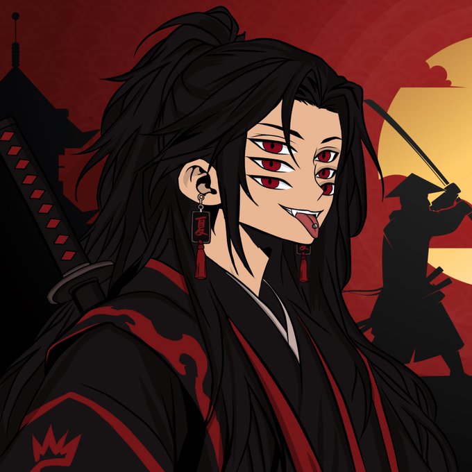 An anime-style demon figure with six red eyes, fangs, and long black hair wears a dark kimono and holds a katana, set against a red sun backdrop with a samurai silhouette and Japanese kanji earrings reading "夏" (summer). The mystical, ominous artwork complements the promotional post announcing the "Forgotten" NFT collection launching on Solana, evoking the dark folklore theme of awakening forgotten souls.