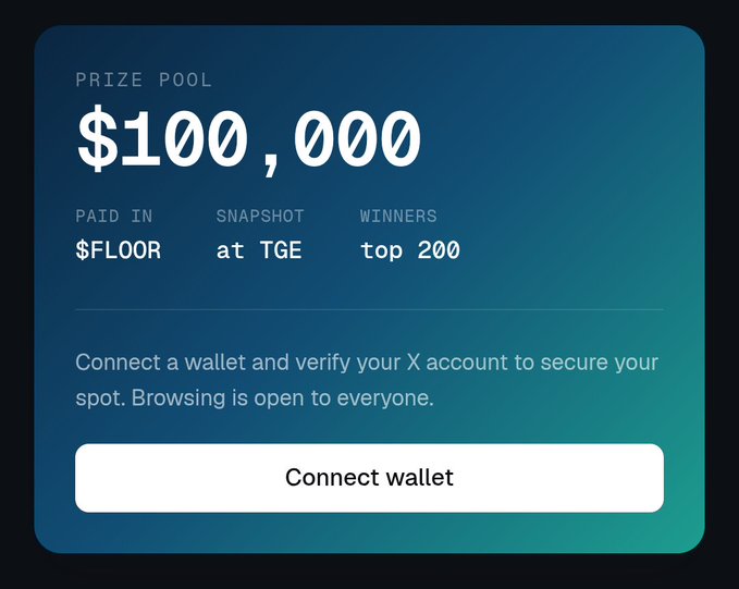 A dark blue card showing a prize pool of '$100,000' paid in '$FLOOR', with snapshot at TGE, top 200 winners, and a white 'Connect wallet' button at the bottom.