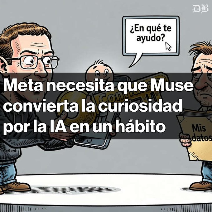A Spanish-language cartoon illustration with the headline "Meta necesita que Muse convierta la curiosidad por la IA en un hábito," depicting Mark Zuckerberg interacting with an AI assistant asking "¿En qué te ayudo?"