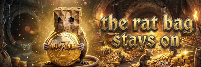 A rat wearing a paper bag on its head stands in a treasure-filled cave, clutching a golden coin engraved with the Solana "Z" logo and "$ZRAT," while the bold text "the rat bag stays on" appears beside it, reinforcing the token's playful, meme-inspired branding.