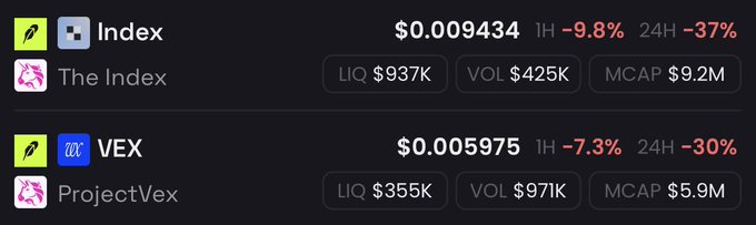 This image displays the current market data for Index (IDX) trading at $0.009434 with a market cap of $9.2M, and VEX trading at $0.005975 with a market cap of $5.9M. The displayed cryptos relate to the poster's recent purchase of $Index and $VEX.