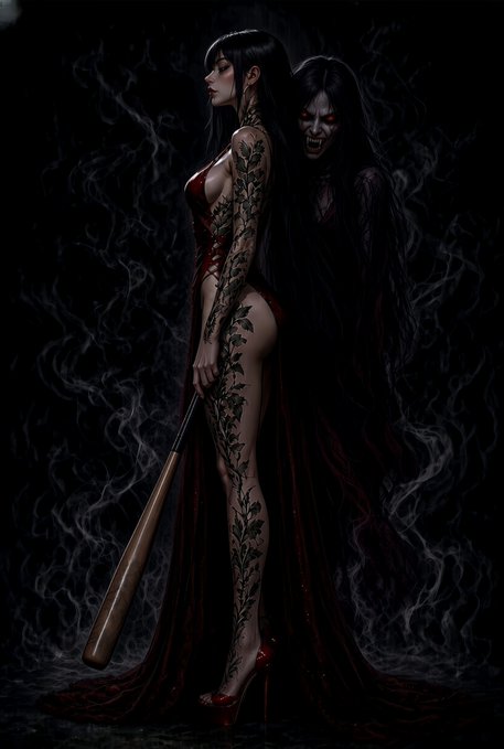A tattooed woman in a crimson gown grips a baseball bat as a fanged shadow entity looms behind her amid swirling smoke—no text, tickers, or numbers appear in the piece. This moody, horror-fantasy digital artwork fits the #NFT #ART theme as a striking example