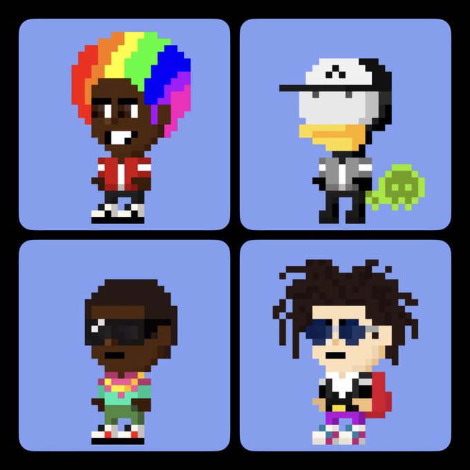 A grid of four pixel-art character sprites—featuring a rainbow-haired figure, a white cap with a turtle, a sunglasses-wearing character, and a dreadlocked figure—showcasing the user's rare friends.