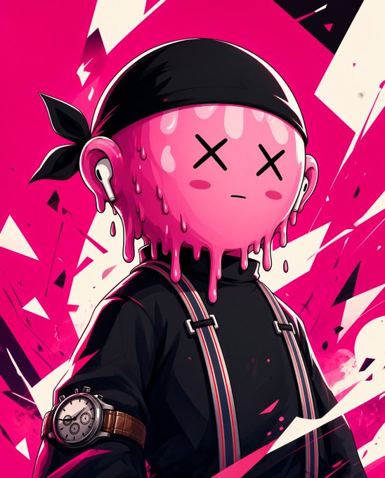 An anime-style illustration of a pink character with X-eyes, a black bandana, earbuds, and a melting liquid appearance against a vibrant pink geometric background.