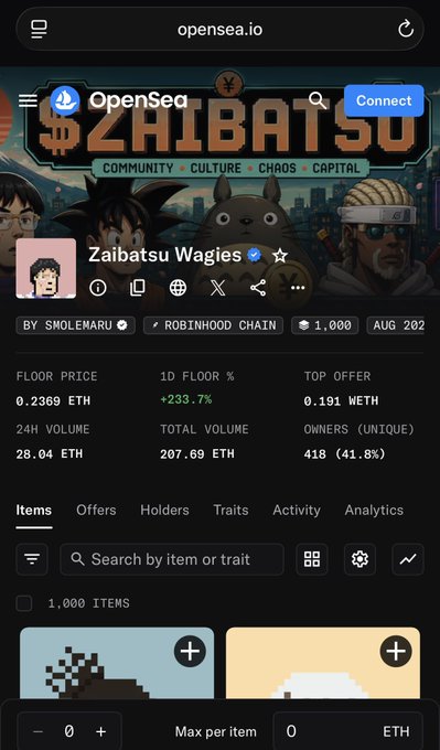 An OpenSea page for the 'Zaibatsu Wagies' NFT collection by smolemaru on the Robinhood Chain, showing stats like 0.2369 ETH floor price.