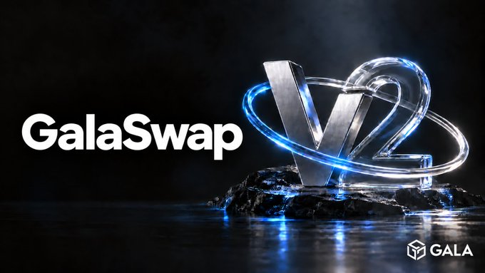 A promotional graphic announcing the launch of GalaSwap V2, featuring the text "GalaSwap" alongside a sleek, metallic "V2" emblem wrapped in glowing blue rings, set against a dark background with the Gala logo at the bottom right. The image visually reinforces the post's announcement of the upgraded decentralized exchange on GalaChain, highlighting its modernized branding.