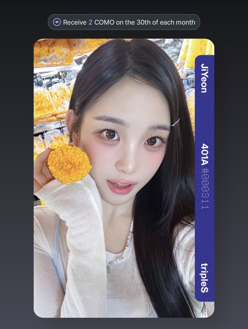 A young woman holds a yellow flower near her face, with text overlays reading 'Receive 2 COMO on the 30th of each month', 'JiYeon', '401A #B03031.1', and 'triples'.