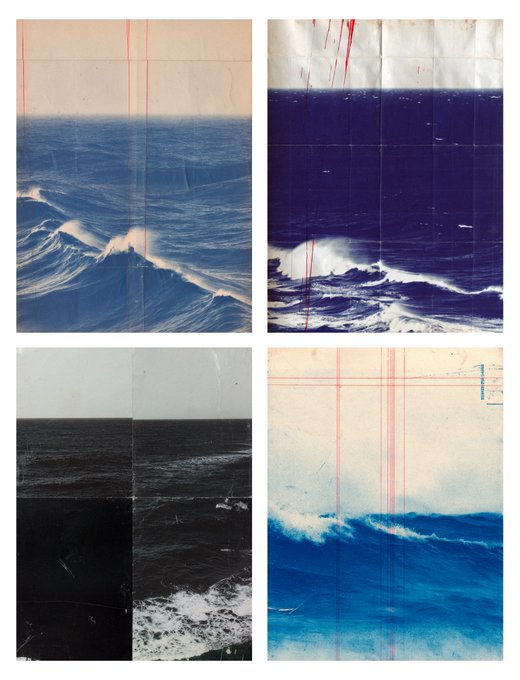 A four-panel composition of ocean wave photographs with various blue, cyan, and dark monochrome treatments, featuring red line accents and grid marks.