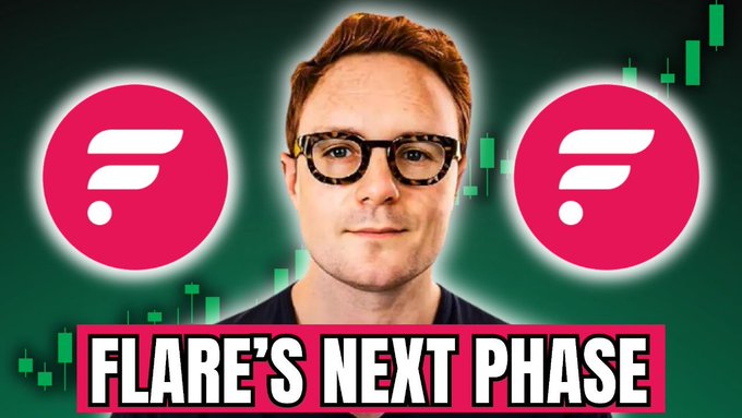 A man wearing glasses is centered between two pink Flare (FLR) cryptocurrency logos, with green candlestick price charts rising in the background. Bold text at the bottom reads "FLARE'S NEXT PHASE," tying into the post about CEO Hugo Philion's recent interview revealing upcoming developments for the FLR token.