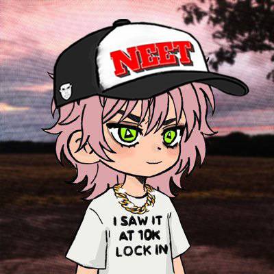 The image features a cartoon girl with pink hair wearing a black and white baseball cap, which has "NEET" written across it. She is also wearing a t-shirt that says "I saw it at 10k lockin". The girl appears to be posing for the photo or drawing, possibly as part of an art project or social media post related to the NEET brand.