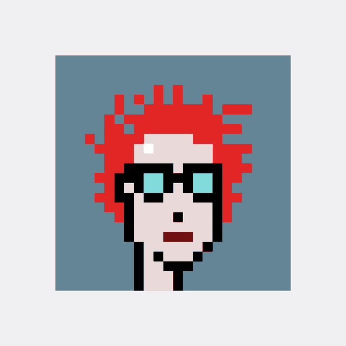 Pixel art portrait of a person with wild red hair, large black-rimmed glasses, and pale skin against a teal background.