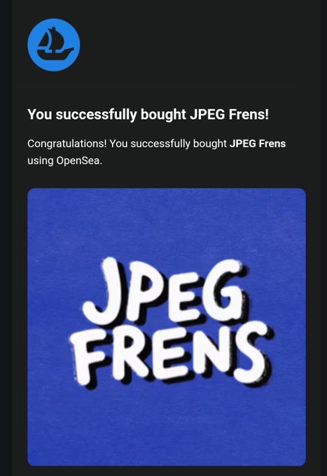 A confirmation notification from OpenSea stating "You successfully bought JPEG Frens!" displayed above a blue image featuring the text "JPEG FRENS" in bold white lettering, celebrating the user's purchase of a JPEG Frens NFT using WETH as mentioned in the post.