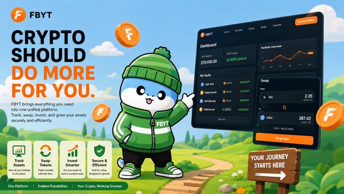 The image features a cartoon character dressed in a green jacket with white stripes standing next to a computer screen displaying a cryptocurrency trading dashboard. The character appears to be giving advice or instructions related to cryptocurrency trading, as indicated by the text "Crypto should not just sit in your wallet. That's one reason @FBYTio caught my attention". The image also includes a small sign that reads "Your journey starts here", suggesting that the platform is focused on providing user-friendly and accessible experiences for its users.