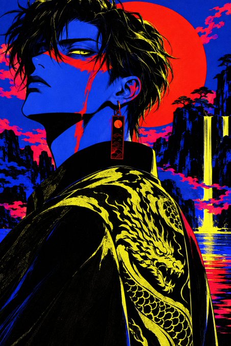 A stylized anime illustration of a blue-skinned figure with a red sun, yellow eye, and a dragon-embroidered kimono against a dramatic landscape.