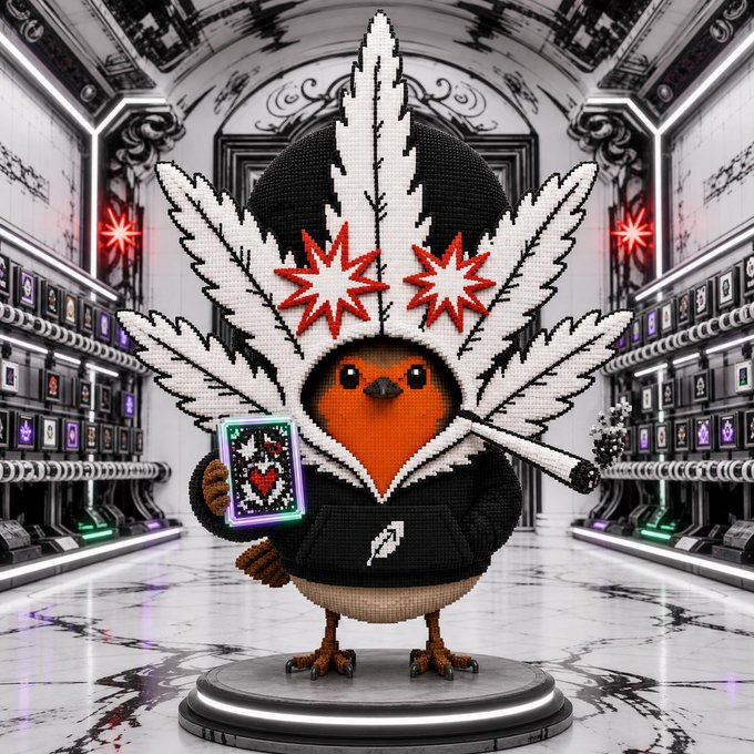 3D-rendered pixel-art robin mascot wearing a black hoodie and spiked red star-shaped sunglasses, standing on a podium while holding a glowing trading card and a baseball bat in a dark sci-fi server room.