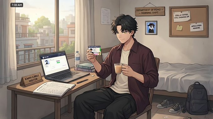 An anime-style illustration of a dark-haired young man sitting at a desk holding a coffee cup and an ID card, with a laptop and a "KamalaBot Visitor" sign visible; timestamp reads 7:30 AM.