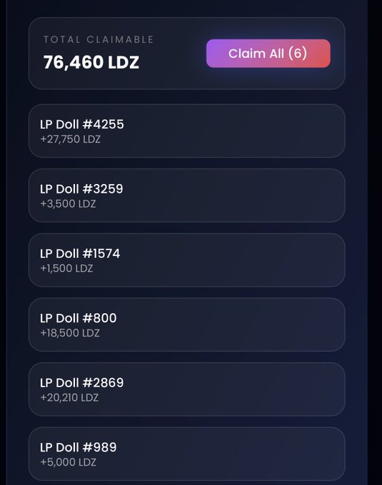 A screenshot of a crypto rewards interface showing 'TOTAL CLAIMABLE 76,460 LDZ' with a 'Claim All (6)' button, listing six LP Doll entries with varying LDZ amounts.