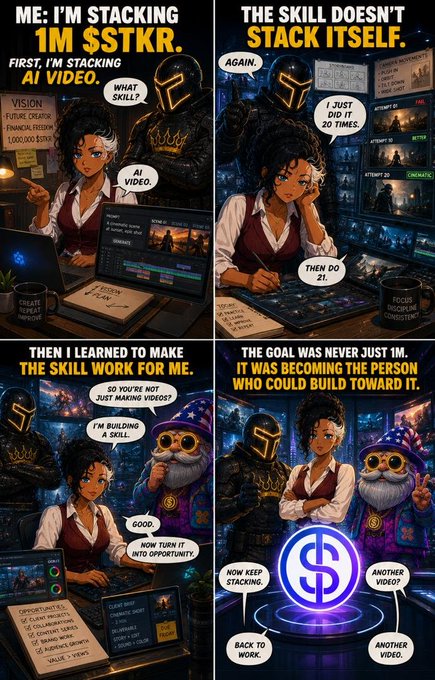 A four-panel comic strip about making AI videos, featuring a female character and a robotic figure, with text panels like 'ME: I'M STACKING 1M $STKR', 'THE SKILL DOESN'T STACK ITSELF', and 'THEN I LEARNED TO MAKE THE SKILL WORK FOR ME'.