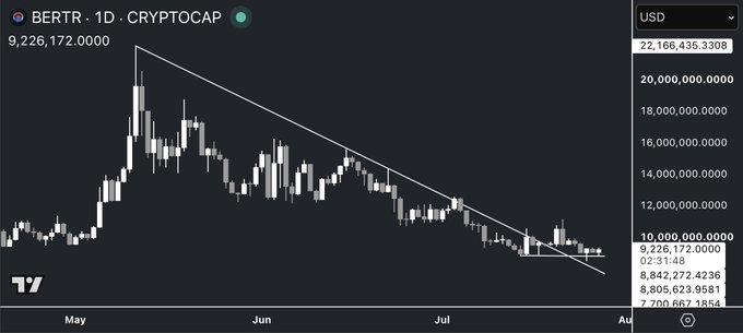 A TradingView chart titled 'BERTR · 1D · CRYPTOCAP' showing a descending trendline pattern on the cryptocurrency market cap from May through August, with a current value around 9,226,172.