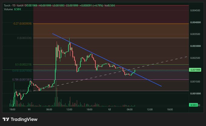 A TradingView candlestick chart for TORCH/USDT showing a descending triangle formation with a blue resistance line and dashed pink support line.