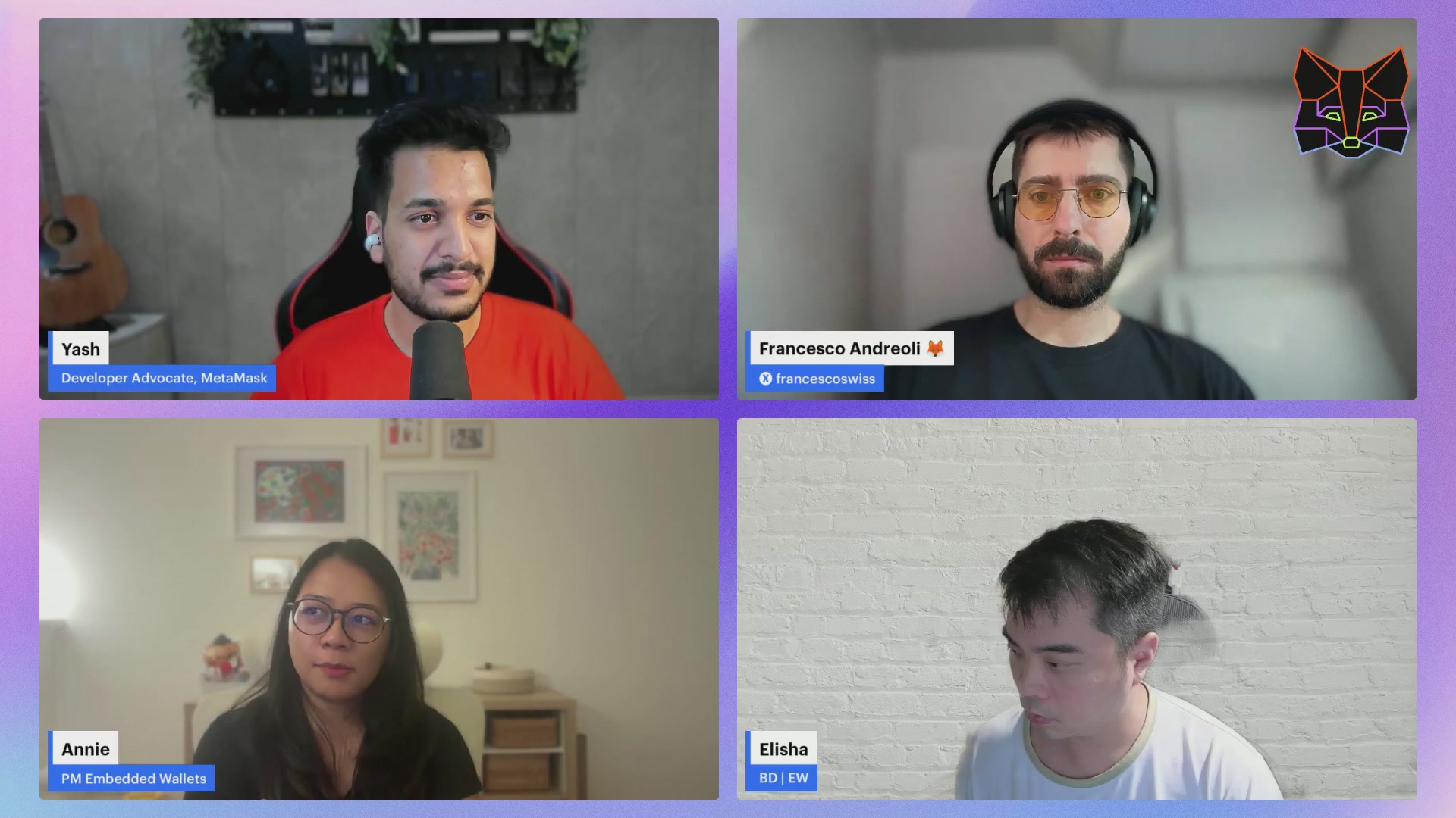 The image shows four people sitting at a table, each with their own computer screen displaying them. They are all wearing headphones and appear to be engaged in a video call or online meeting. The screens show that they are participating in a virtual gathering where they can see one another's faces clearly. The post about the MetaMask Developer Community Call suggests that this group of people might be discussing or collaborating on a project related to their work, possibly involving the use of masks for security purposes during an event or gathering.