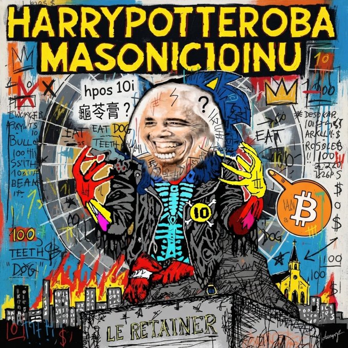 A colorful Basquiat-style pop art piece featuring a cartoon figure with a wide grin, prominently labeled 'HARRYPOTEROBA' and 'MASONICIOINU' at the top, with scattered text including 'hpos 10i', 'EAT DOG', '100 TEETH', a Bitcoin symbol, and 'LE RETAINER' at the bottom.