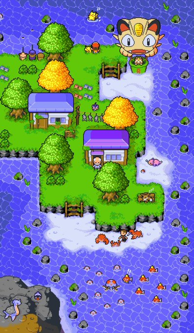 A colorful pixel art map showing a tropical island with houses, trees, and the Pokémon Meowth, surrounded by water filled with fish and other sea creatures.