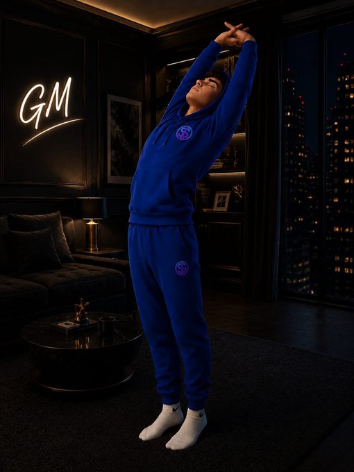 A man in a blue tracksuit stretches with arms raised overhead in a dimly lit luxury apartment, with a glowing "GM" neon sign on the wall behind him, echoing the post's "Good morning" greeting and high-energy tone as he prepares to take on the week with $STKR momentum.